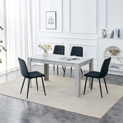 Dining Table with 4 Black Velvet Chairs Stone Grey Effect Wood Table Set for Dining Room