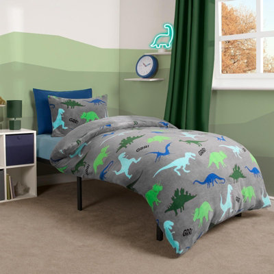 Dino Fleece Duvet Cover Set Grey Bedding Quilt Warm Thermal Soft Kids - Double