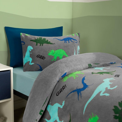 Dino Fleece Duvet Cover Set Grey Bedding Quilt Warm Thermal Soft Kids - Single - 3
