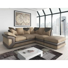Dino Large Brown and Beige L Shaped Cormer Sofa With Footstool - Right Hand Facing