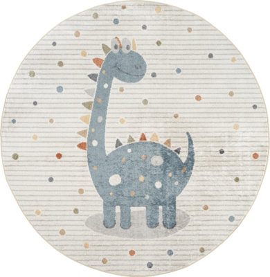 DINO Round Kids Machine Washable Beige/Grey Bedroom Area Rug 160 x 160 cm