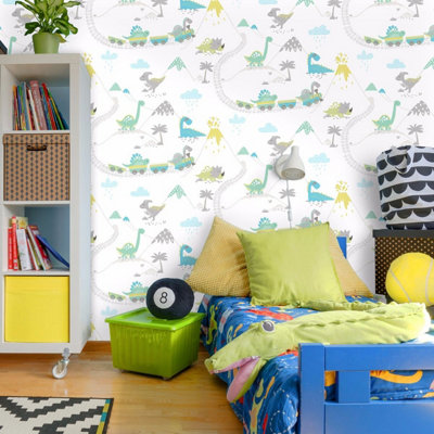 Dino Town Dinosaur Wallpaper Grey / Teal Holden 12531