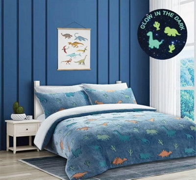 Dinosaur Glow In The Dark Blue Kids Boys Girls Reverse Soft Feel Fleece Duvet Cover Quilt Bedding Set with Pillowcase