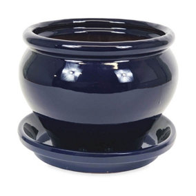 Dipped Blue Hand Painted Outdoor Garden Bola Plant Pot & Drainage Plate (D) 25cm