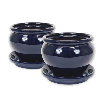 Dipped Blue Hand Painted Set of 2 Outdoor Bola Pots & Drainage Plates