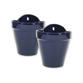 Dipped Blue Hand Painted Set of 2 Outdoor Garden Hanging Plant Pots (D) 22cm