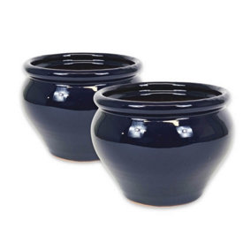 Dipped Blue Hand Painted Set of 2 Outdoor Garden Patio Bola Plant Pots (D) 25cm