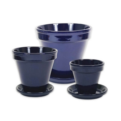 Dipped Blue Hand Painted Set of 3 Classic Pots & Drainage Plates (D) 16
