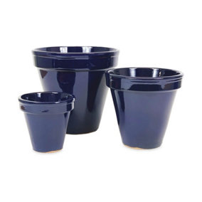 Dipped Blue Hand Painted Set of 3 Outdoor Garden Classic Plant Pots (D) 16-29cm