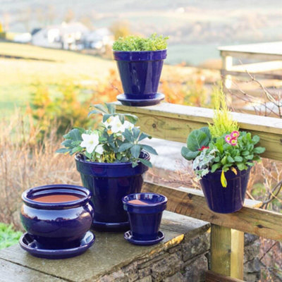 Dipped Blue Hand Painted Set of 3 Outdoor Garden Classic Plant Pots (D)  16-29cm