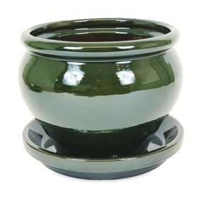 Dipped Green Hand Painted Outdoor Garden Bola Pot & Drainage Plate (D) 25cm
