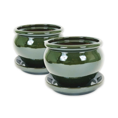 Dipped Green Hand Painted Set of 2 Outdoor Bola Pots & Drainage Plates