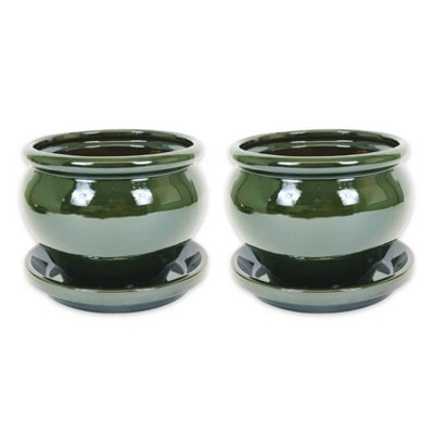 Dipped Green Hand Painted Set of 2 Outdoor Bola Pots & Drainage Plates (D) 25cm