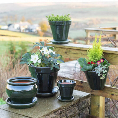 Dipped Green Hand Painted Set of 2 Outdoor Bola Pots & Drainage Plates (D) 25cm