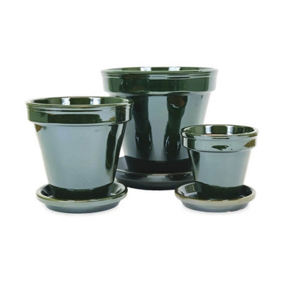 Dipped Green Hand Painted Set of 3 Classic Pots & Drainage Plates (D