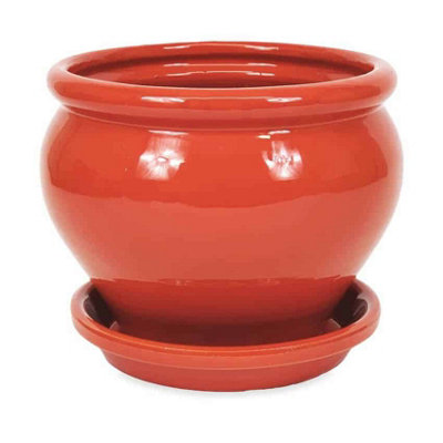 Dipped Red Hand Painted Outdoor Garden Bola Plant Pot & Drainage Plate (D) 25cm