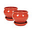 Dipped Red Hand Painted Set of 2 Outdoor Bola Pots & Drainage Plates (D) 25cm