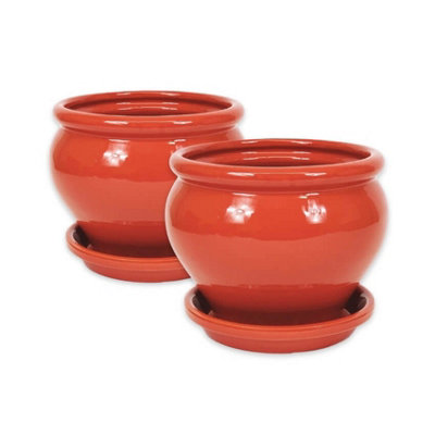 Dipped Red Hand Painted Set of 2 Outdoor Bola Pots & Drainage Plates (D