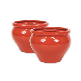 Dipped Red Hand Painted Set of 2 Outdoor Garden Patio Bola Plant Pots (D) 25cm