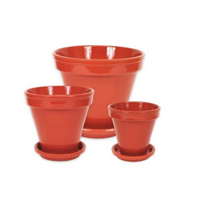 Dipped Red Hand Painted Set of 3 Classic Pots & Drainage Plates (D) 16-29cm