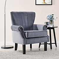 DISCONTINUED - Melbourne Wing Back Armchair Occasional Accent Chair Studded Design Scroll Arms Padded Paneled Dark Grey Velvet