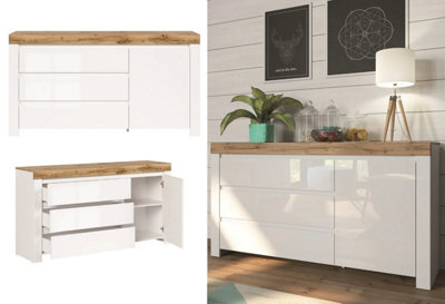 DISCONTINUED Sideboard Cabinet 3 Drawers Unit Modern White Gloss Oak Effect Soft Close Storage Holten