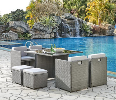 DISCONTINUED Venice Cube Rattan Garden Furniture 9 Piece Set with Free Cover Included Grey DIY at B Q