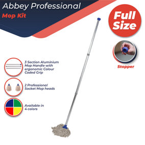 Discounted Cleaning Supplies Mop Kit Professional Colour Coded Mop Handle and 2 Mop Heads (BLUE)