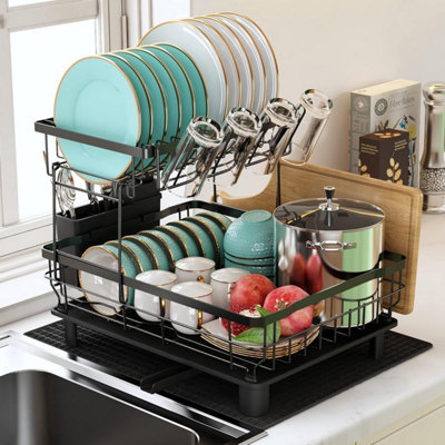 Dish Drainer Rack, 2 Tier Dish Drainer Drip Tray Drainer Mat, Stainless ...