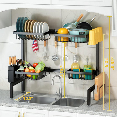 Expandable Stainless Steel Dish Drying Rack - Over Sink Drainer With Utensil Holder, Anti-Rust