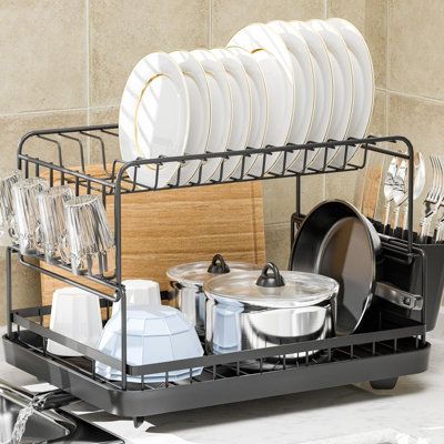 Dish Drainer Rack with Drip Tray, 2 Tier, Black