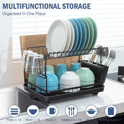 Dish Drainer Rack with Drip Tray, 2 Tier, Black