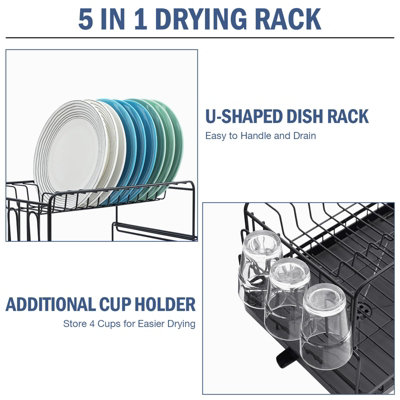 Dish Drainer Rack with Drip Tray, 2 Tier, Black