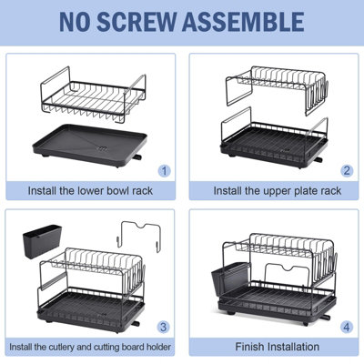 Dish Drainer Rack with Drip Tray, 2 Tier, Black