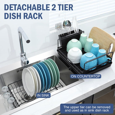 Dish Drainer Rack with Drip Tray, 2 Tier, Black