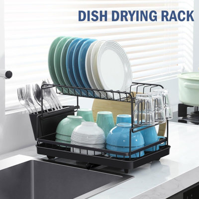 Dish Drainer Rack with Drip Tray, 2 Tier, Black