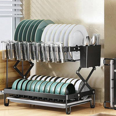 Dish Drying Rack, Foldable Dish Drying Rack, Space Saving Rustproof, 2 Tier Multipurpose Dish Drainer with Drainer