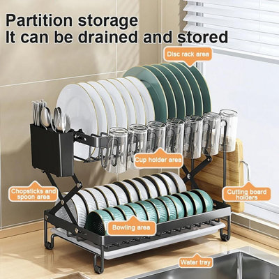 Dish Drying Rack, Foldable Dish Drying Rack, Space Saving Rustproof, 2 Tier Multipurpose Dish Drainer with Drainer