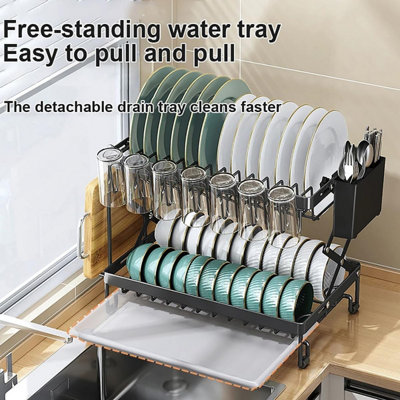 Dish Drying Rack, Foldable Dish Drying Rack, Space Saving Rustproof, 2 Tier Multipurpose Dish Drainer with Drainer