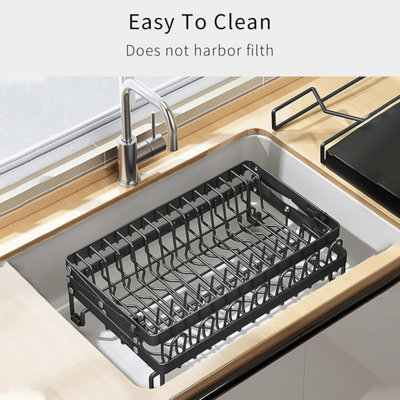 Dish Drying Rack, Foldable Dish Drying Rack, Space Saving Rustproof, 2 Tier Multipurpose Dish Drainer with Drainer