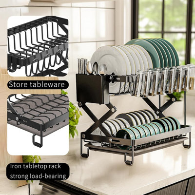 Dish Drying Rack, Foldable Dish Drying Rack, Space Saving Rustproof, 2 Tier Multipurpose Dish Drainer with Drainer