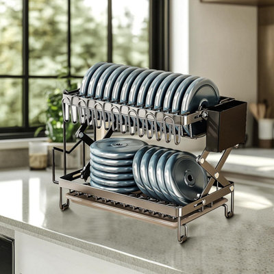 Dish Drying Rack, Foldable Dish Drying Rack, Space Saving Rustproof, 2 Tier Multipurpose Dish Drainer with Drainer