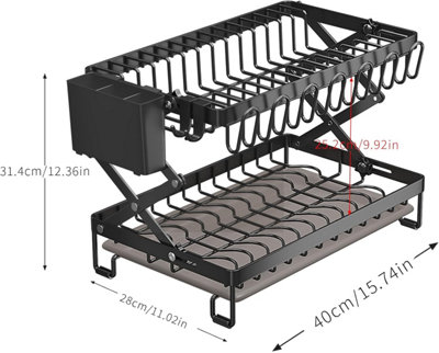 Dish Drying Rack, Foldable Dish Drying Rack, Space Saving Rustproof, 2 Tier Multipurpose Dish Drainer with Drainer