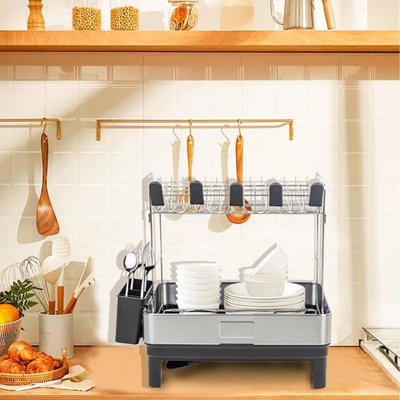 Dish Drying Rack, Foldable Dish Drying Rack, Space Saving Rustproof, 2 Tier Multipurpose Dish Drainer with Drainer