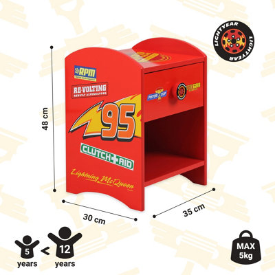 Disney Cars Lightning McQueen Bedside Table: Sturdy Engineered Wood Construction, Small Side Table for Kids Bedroom
