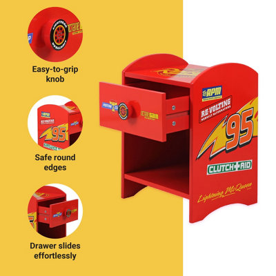 Disney Cars Lightning McQueen Bedside Table: Sturdy Engineered Wood Construction, Small Side Table for Kids Bedroom