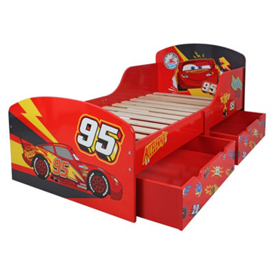 Disney Lightning McQueen Toddler Bed with Storage, Engineered Wood, Red,  W143 X D75 X H64cm