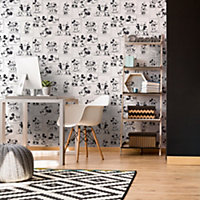 Disney Mickey and Minnie Mouse Kissing Sketch Wallpaper Roll 52cm x 10m White and Black