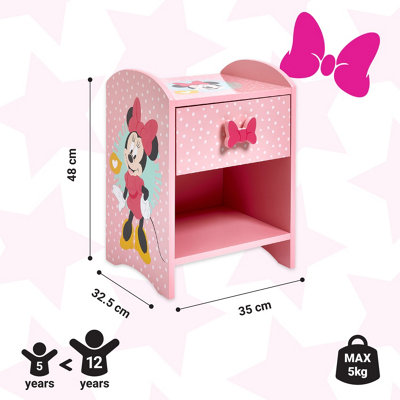 Disney Minnie Mouse Bedside Table: Sturdy Engineered Wood Construction, Small Side Table with Storage Shelf for Kid's Bedroom