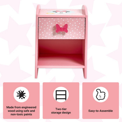 Disney Minnie Mouse Bedside Table: Sturdy Engineered Wood Construction, Small Side Table with Storage Shelf for Kid's Bedroom